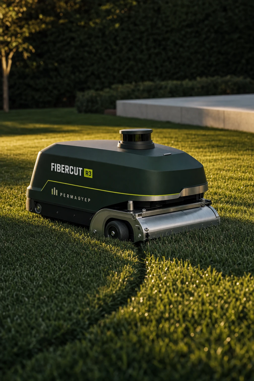 A FiberCut™ R3 autonóm robotegység kerti műfűfelületen dolgozik alkonyati fényben, házán FIBERCUT R3 jelöléssel.